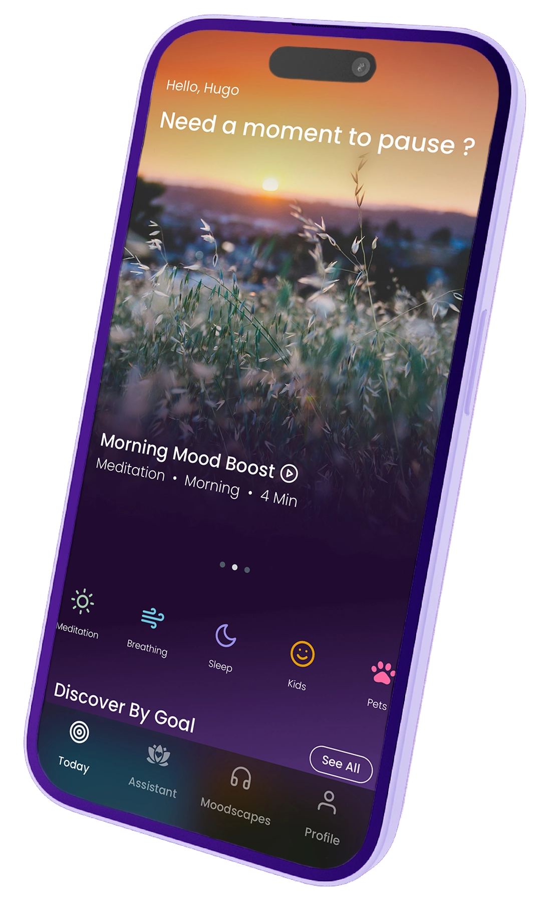 Begin app screen showing mindfulness content for the whole family
