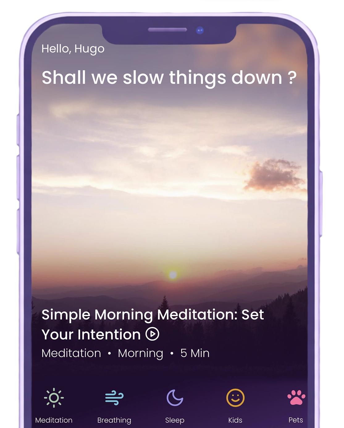 Begin app screens showing mindfulness content and the assistant experience