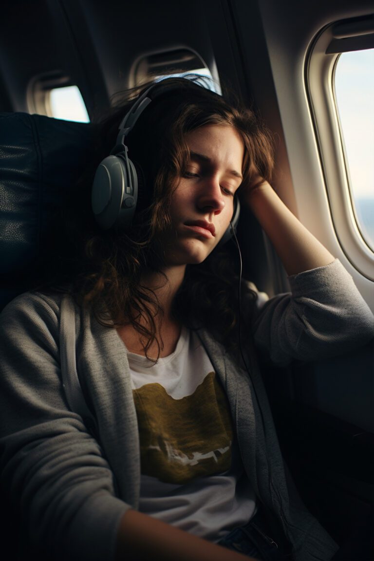 Young woman wearing headphones, sleeping peacefully on an airplane using offline meditation