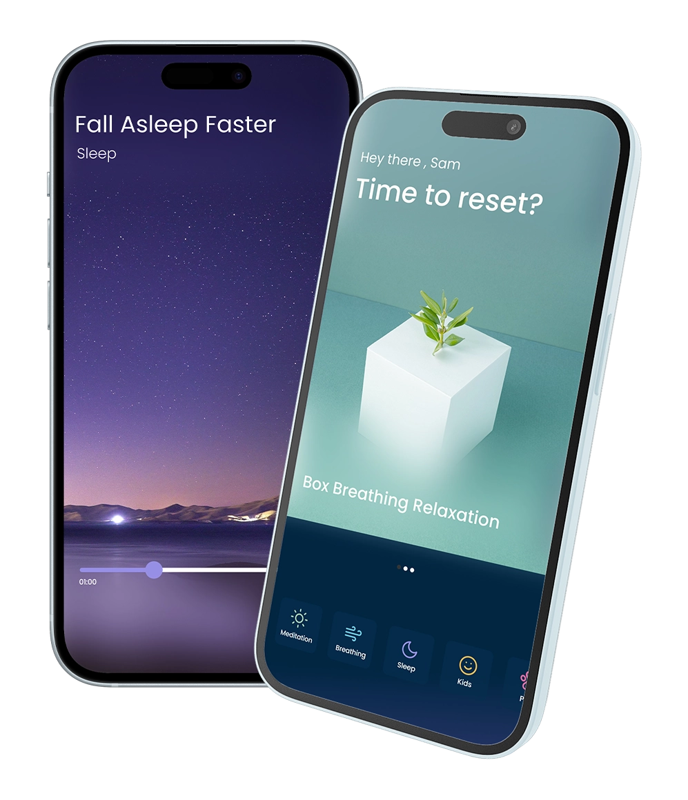 Two smartphones displaying a Box Breathing exercise and a “Fall Asleep Faster” meditation in the Begin Mindfulness app. Categories include Meditation, Breathing, Sleep, Kids, and Pets.
