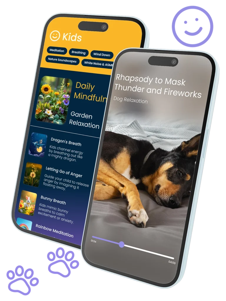 Two smartphones displaying kid-friendly mindfulness exercises and dog relaxation audio from the Begin Mindfulness app