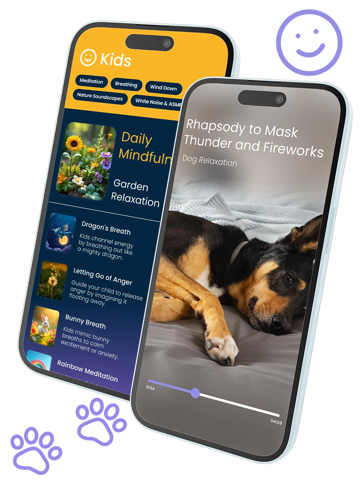 Two smartphones displaying the Begin Mindfulness app. One screen plays a pet relaxation music track, while the other shows a menu of mindfulness exercises for kids, designed to promote calm.