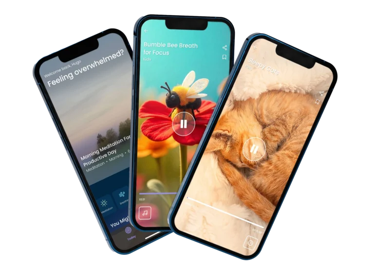 Three mobile phones showcasing mindfulness app screens for adults, kids, and pets with meditations and breathing tools