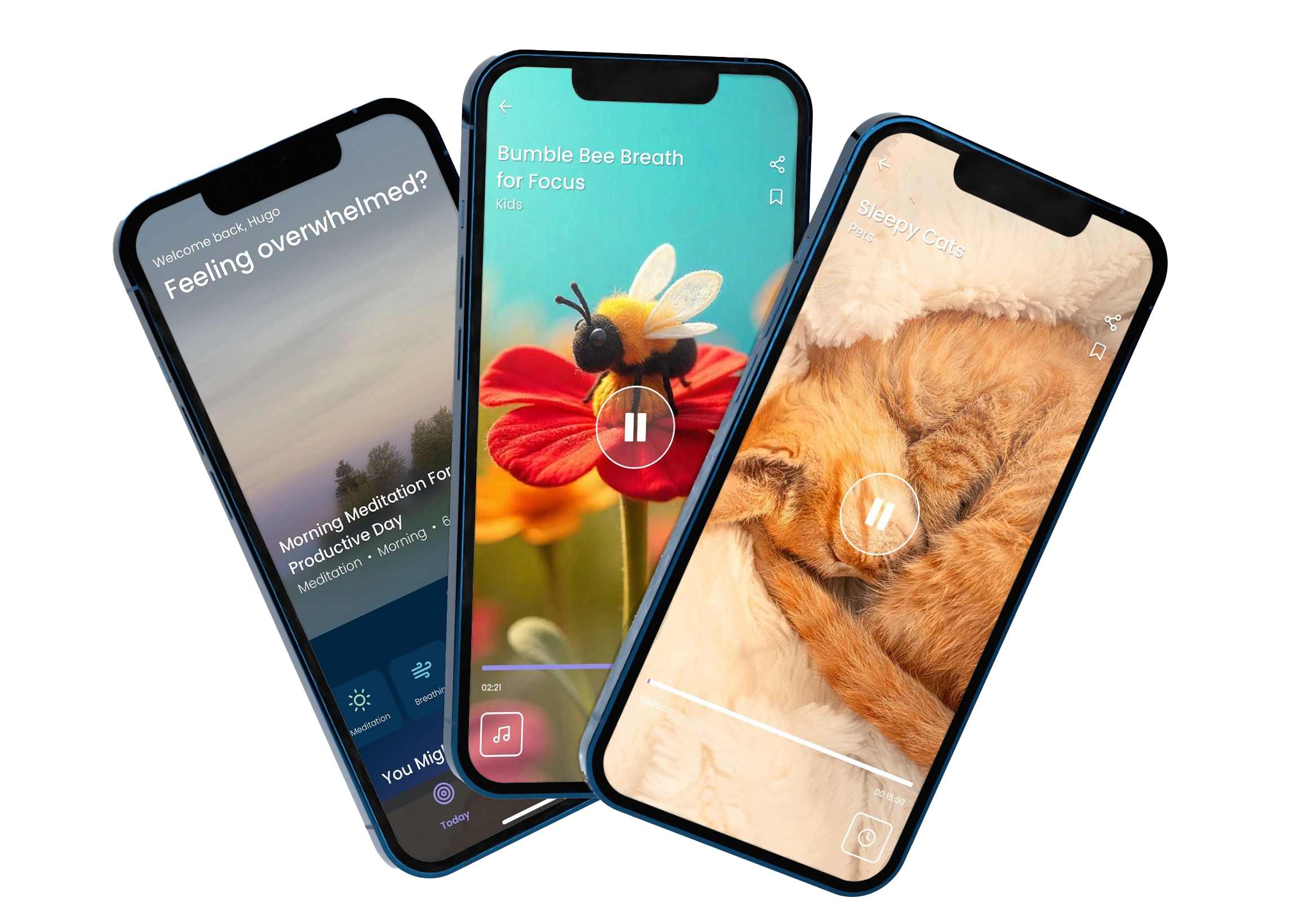 Three mobile phones showcasing mindfulness app screens for adults, kids, and pets with meditations and breathing tools