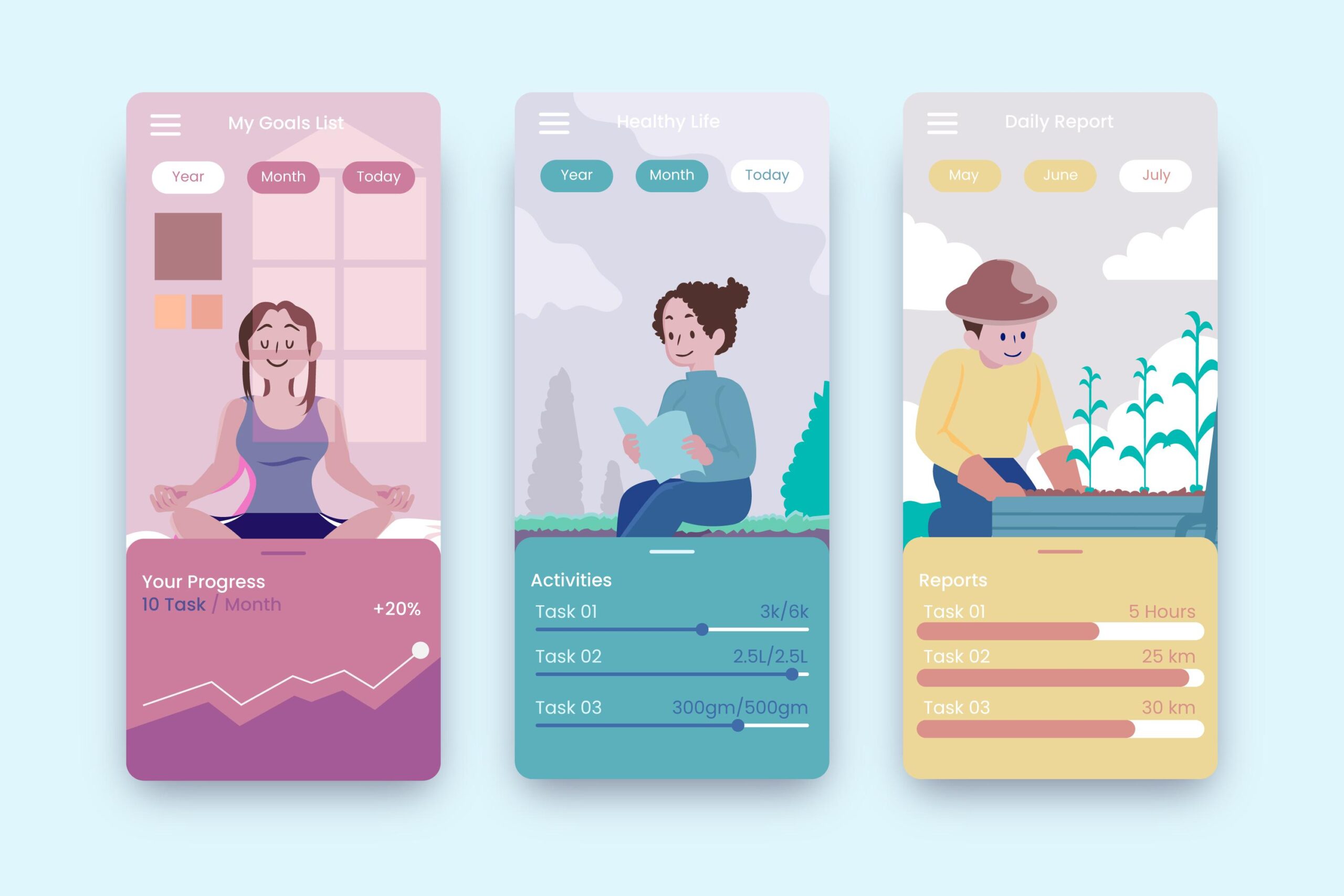 Three illustrated mobile app screens showing wellness goals, activity tracking, and daily reports with characters meditating, reading, and gardening