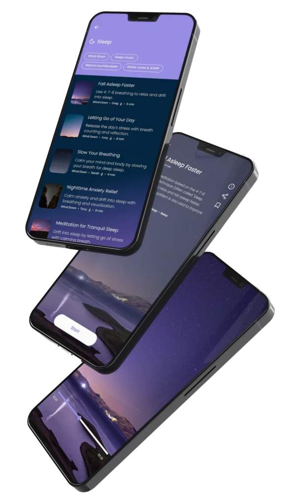 Three stacked smartphones displaying the Begin Mindfulness sleep interface with guided meditations and nighttime relaxation visuals