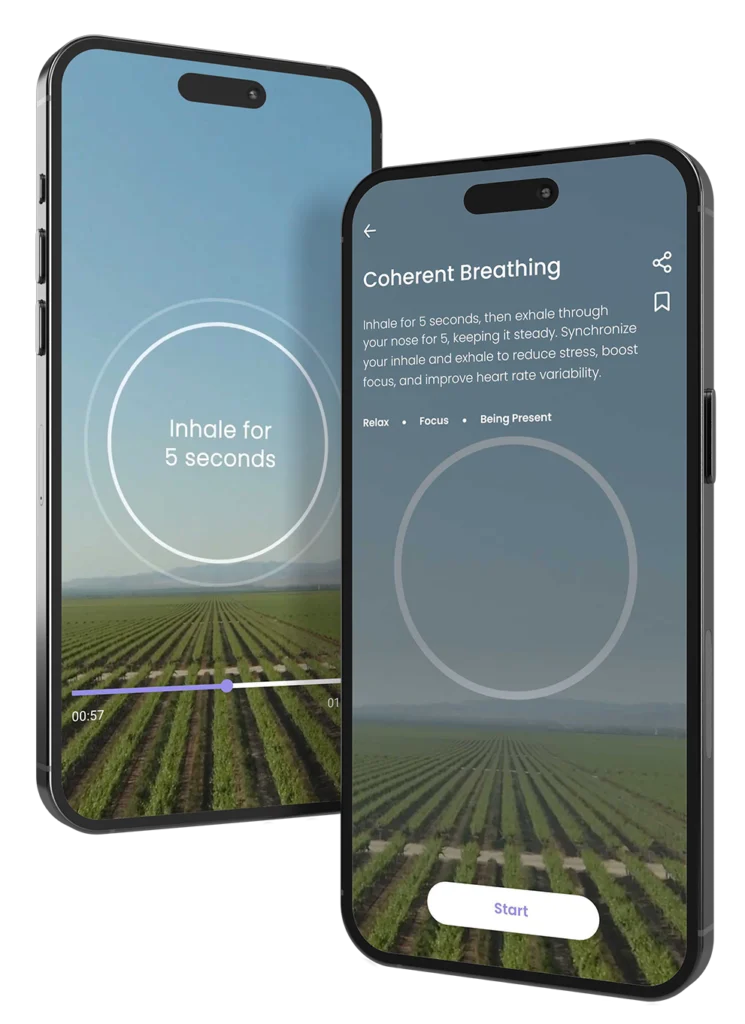 Two smartphones displaying breathing exercises from the Begin Mindfulness app, including inhale prompts and coherence breath tracking