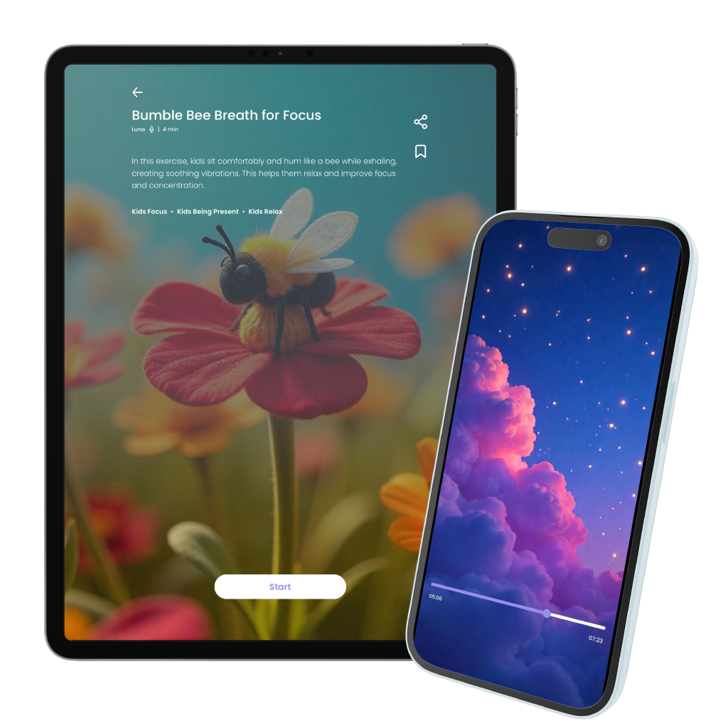 Smartphone and tablet mockup of the Begin app showing some Kids meditations.