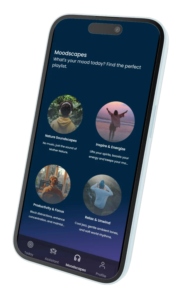 Smartphone mockup of the Begin app showing the Moodscapes screen with four playlists.