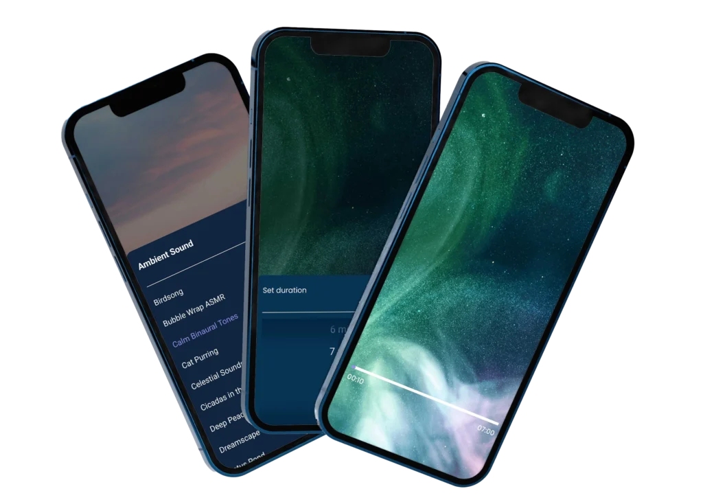 Three smartphone mockups of the Begin app showing ambience sound choices and a rest timer for quick naps